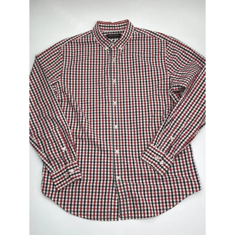 Banana Republic Mens Camden Fit Red Navy Gingham Cotton Stretch Oxford Shirt M